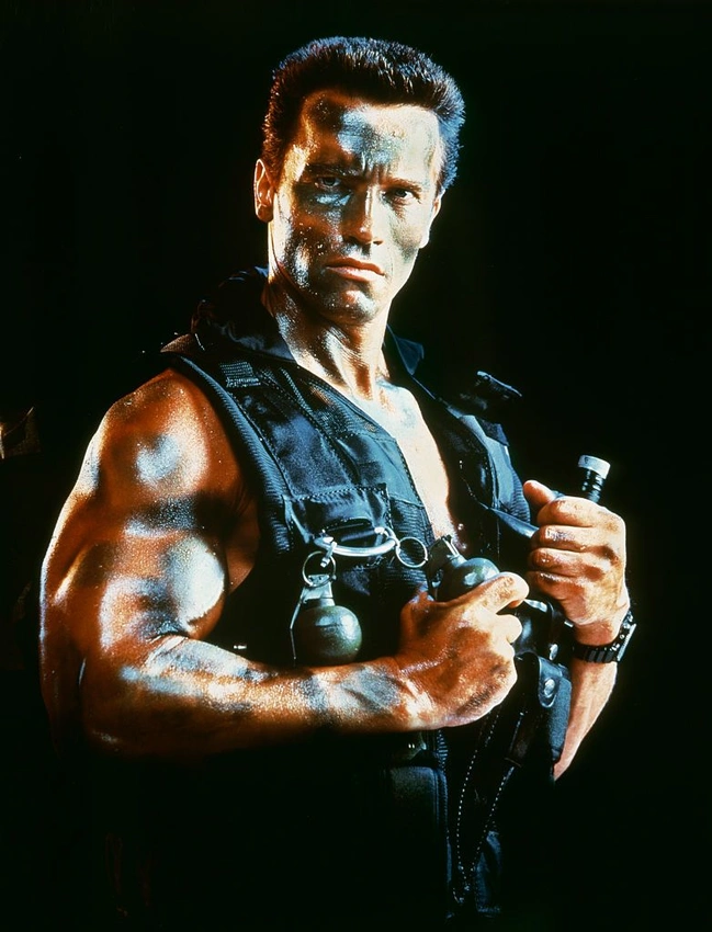 Young Arnold Schwarzenegger intimidating stare, 80s action hero silhouette