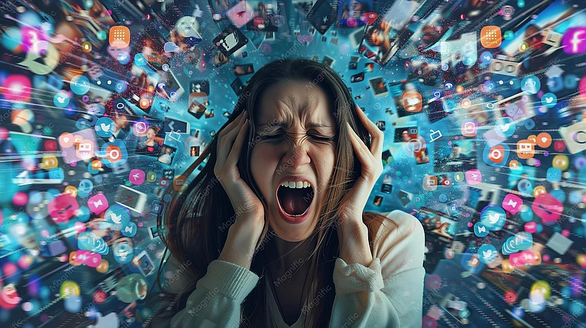 Person looking stressed while posting on phone, multiple social media apps