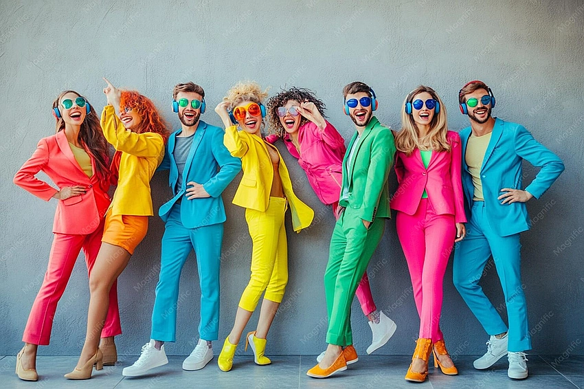 Diverse group laughing in colorful outfits, joyful social interaction