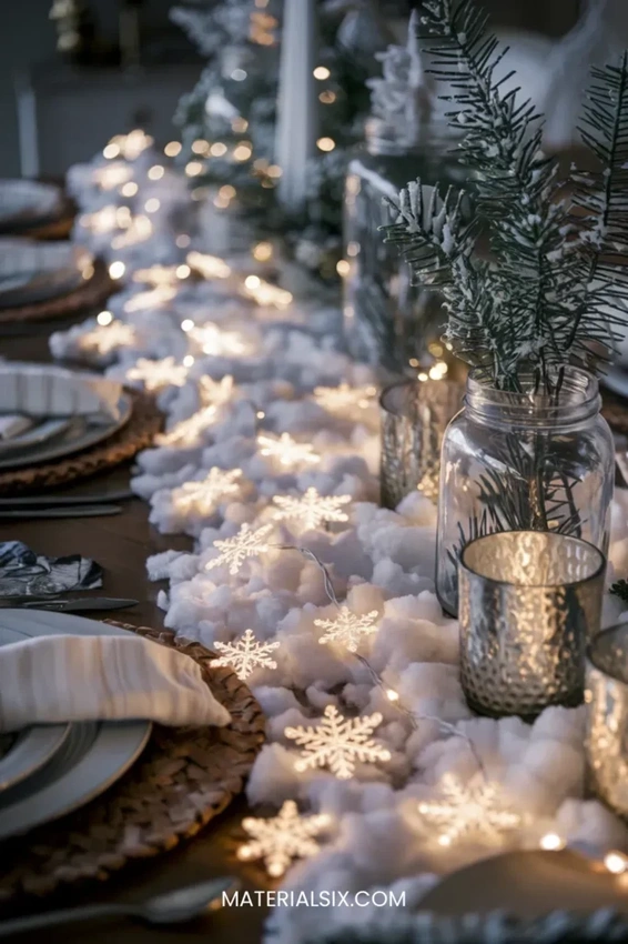Over-the-top winter wonderland party decor, fake snow on table, fairy lights