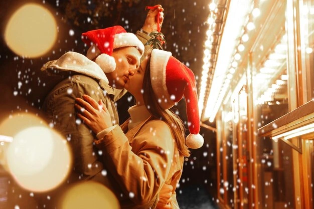 Teen couple under fake mistletoe laughing, bokeh lights, sweet winter moment