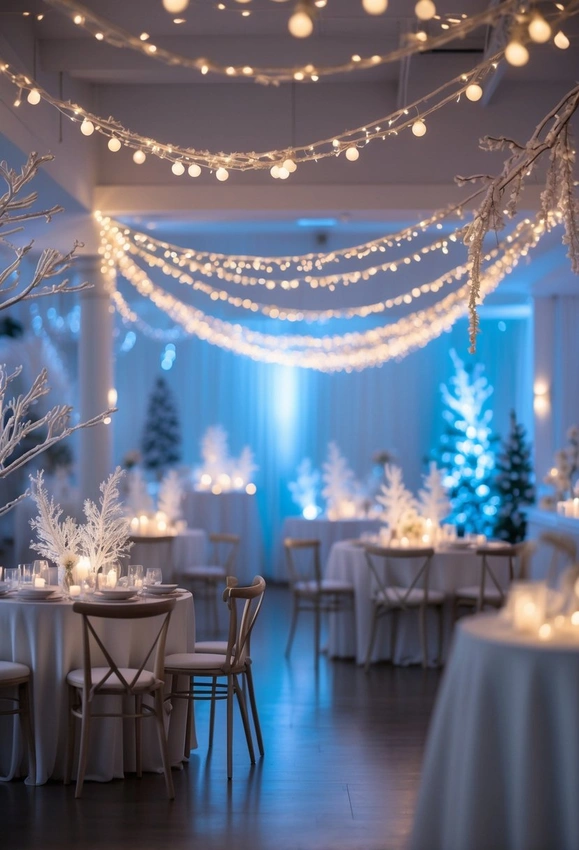 Teen winter party friends laughing, sparkly decor, fairy lights