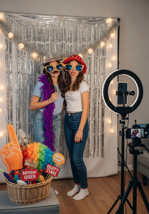 Teens in festive sweaters and sparkly dresses posing in photo booth, silly props