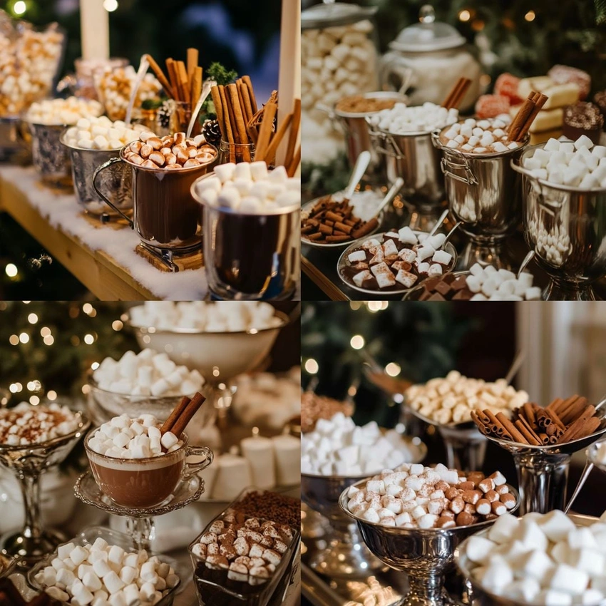 Elaborate hot cocoa bar with many toppings, winter party food display