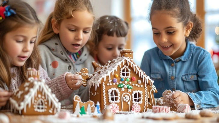 Group of teens decorating gingerbread houses, laughing, festive sweaters