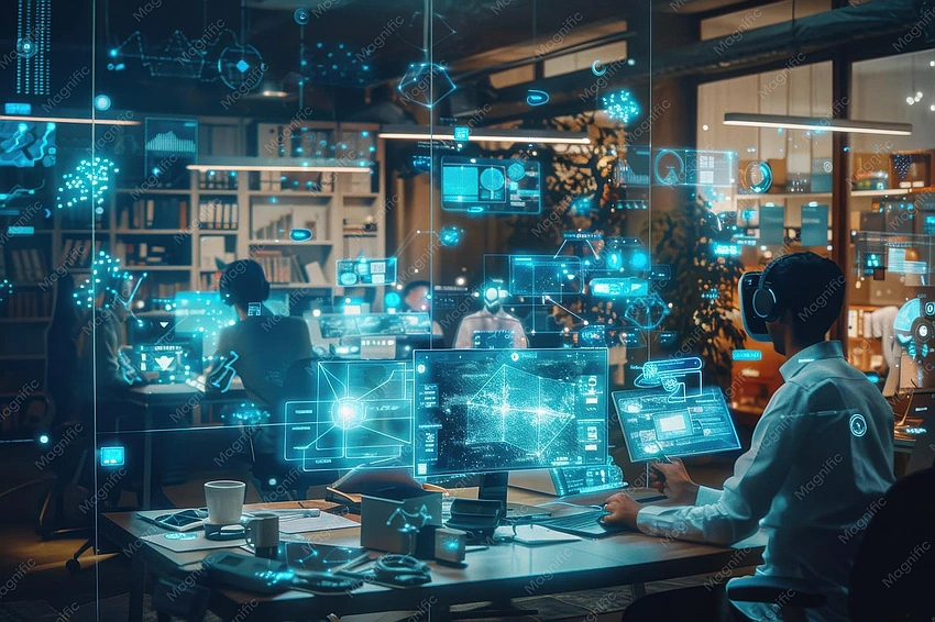 AI manager, glowing data, futuristic office