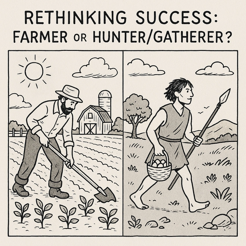 'stressed farmer vs happy hunter-gatherer cartoon'