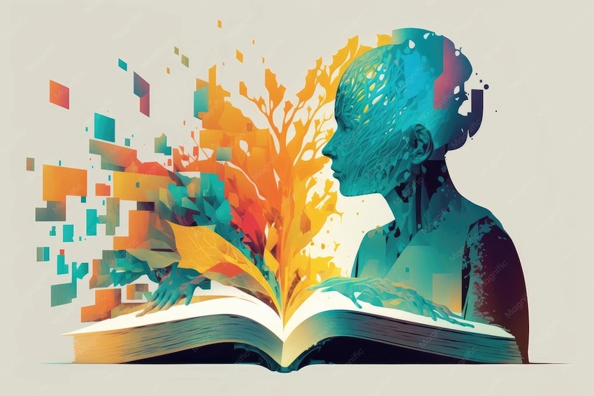 'person reading a book with abstract ideas floating around head'