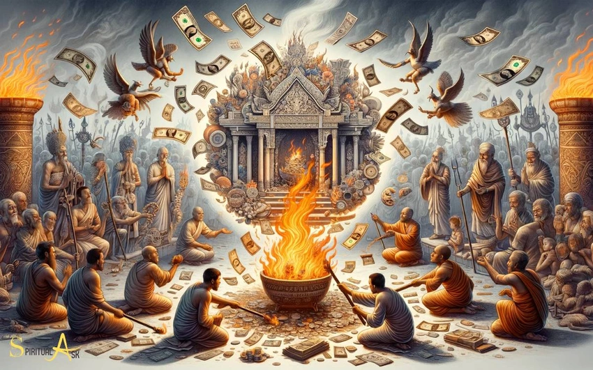 'ancient people telling stories around a fire, surreal money symbols'