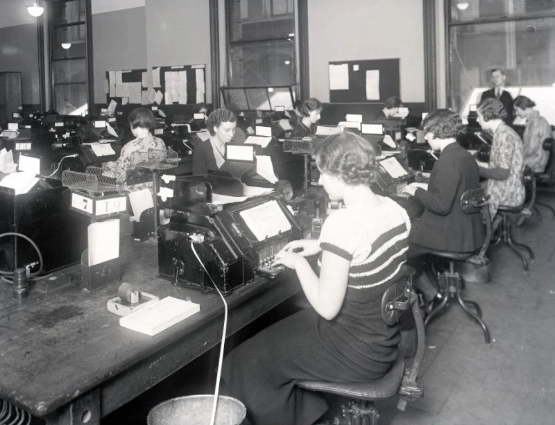Vintage telegraph office, busy operators