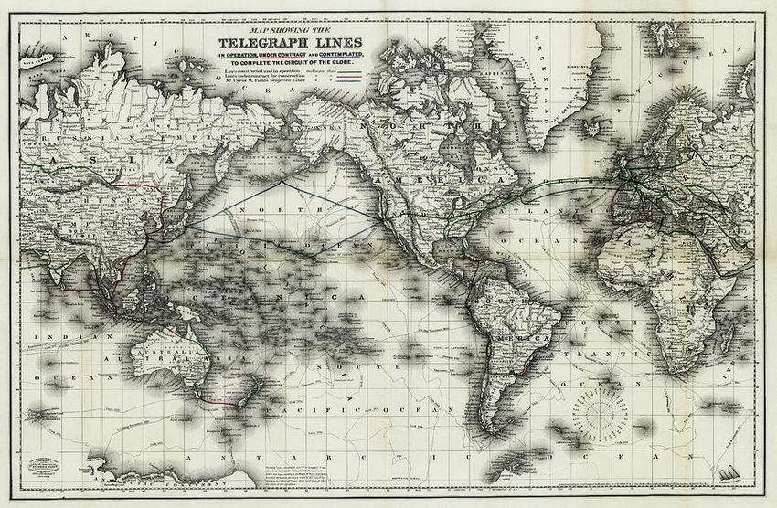 19th century telegraph lines, global network, Victorian era communication