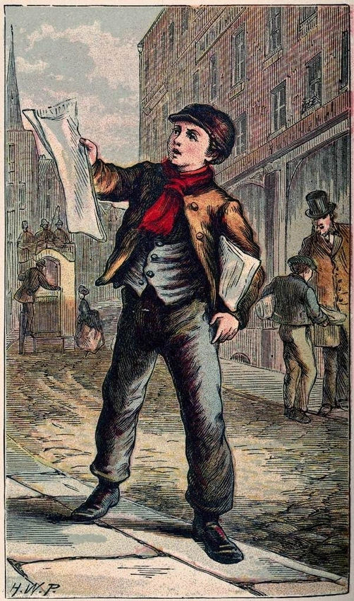 Victorian newspaper headlines, information overload, vintage newsboy