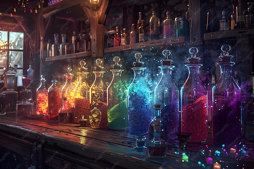 alchemist mixing elixirs cosmic glow