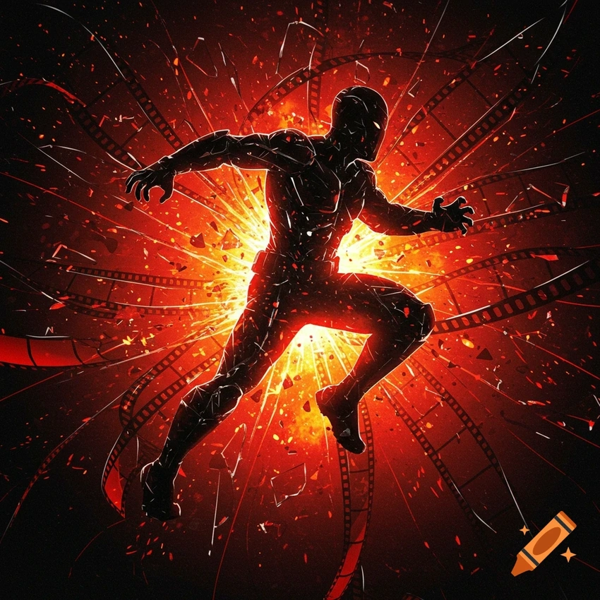 action hero silhouette, explosions, dramatic lighting