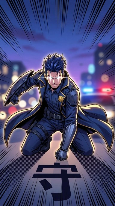 heroic police officer, determined expression, city background