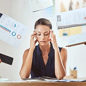 overwhelmed woman, blurred busy schedule, mental exhaustion