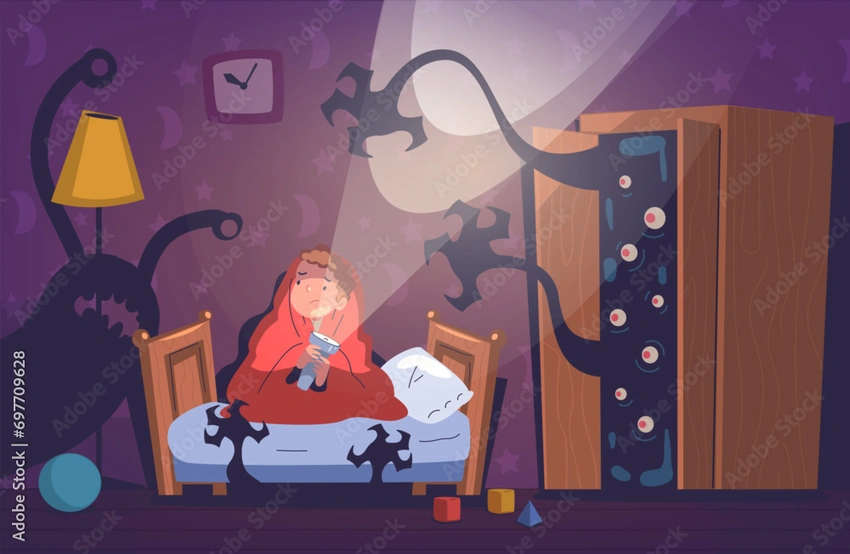 Terrified teenager in bed, psychological horror scene