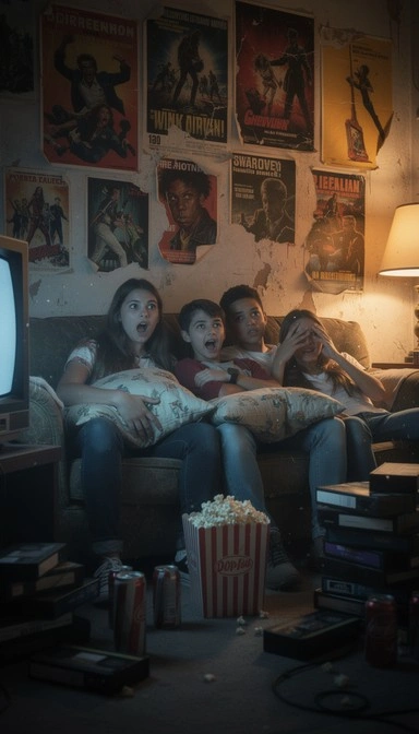 Teenagers discussing horror movie, retro movie night