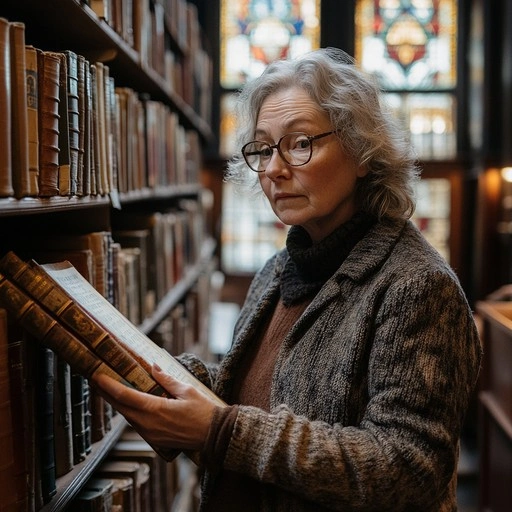 woman looking thoughtfully at old book, critical reading
