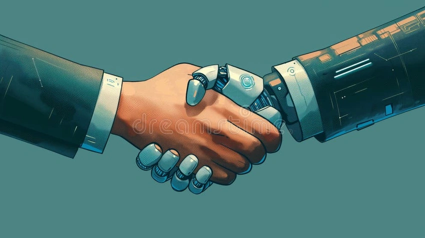 Future of social media, digital ethics conversation
Cover image search term: Conceptual illustration of human hand and robot hand shaking over a digital landscape