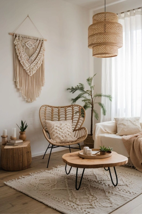 Scandinavian boho living room rattan