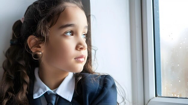 melancholic teen looking out window, wistful youth, lost childhood