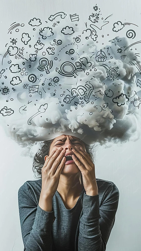 person overwhelmed by thoughts, quiet introspection, emotional fatigue