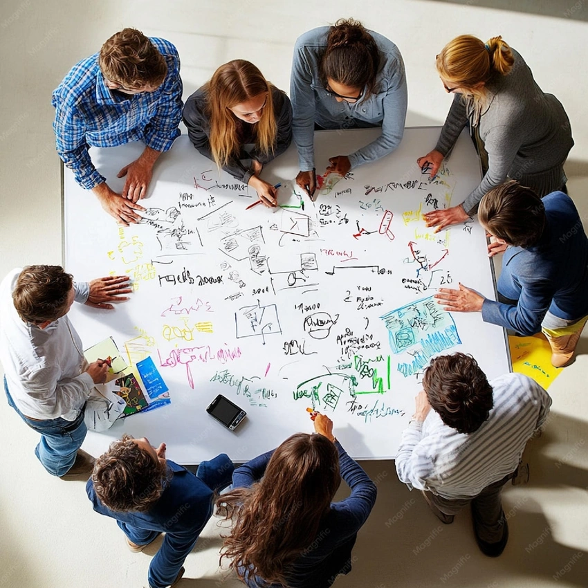 Intense brainstorming session, whiteboard with complex diagrams, focused startup team