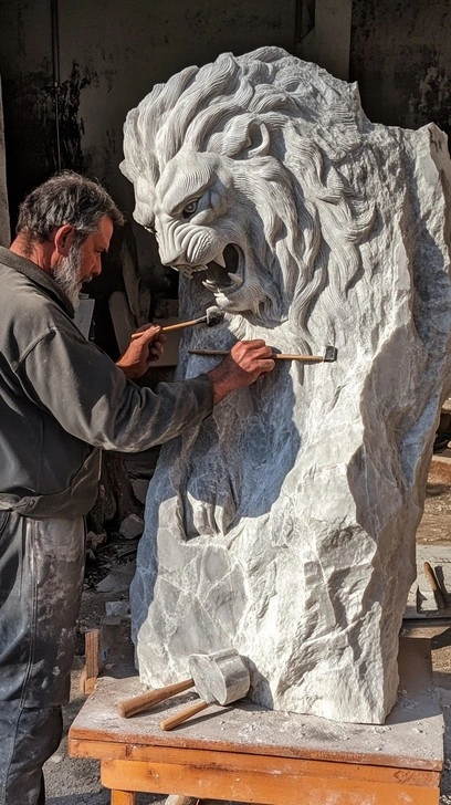 Sculptor chiseling marble, focused, creating something lasting