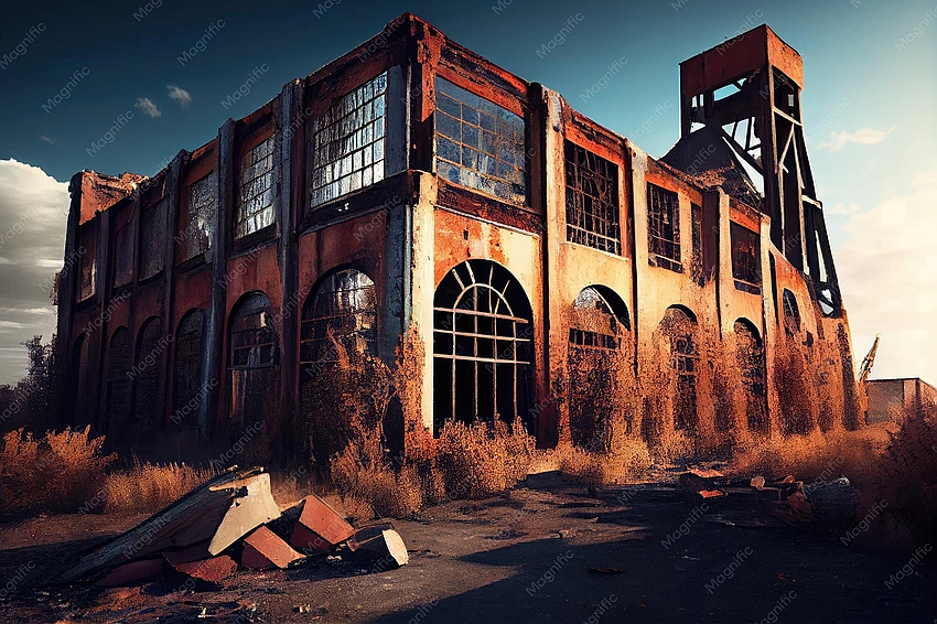 Rusting abandoned factory, broken windows, desolate atmosphere