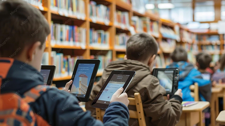 Modern library, person reading on tablet, networking event, stylish learning