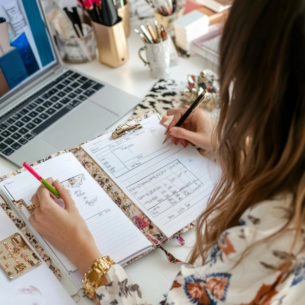 Organized desk, stylish planner, focused person working