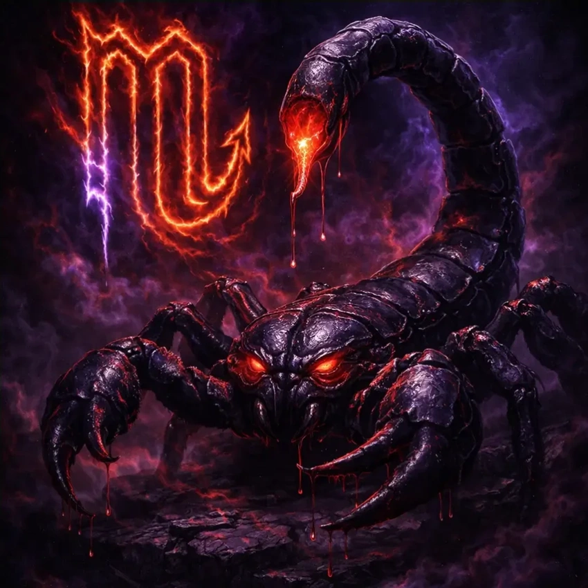 Scorpion with suspicious, piercing eyes, shadowy figure