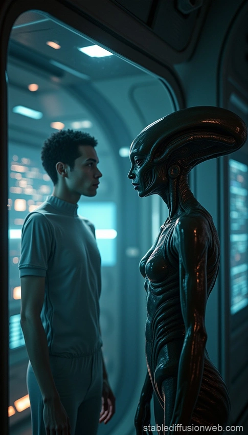 Alien looking down at humans, person isolated in a crowd with phone