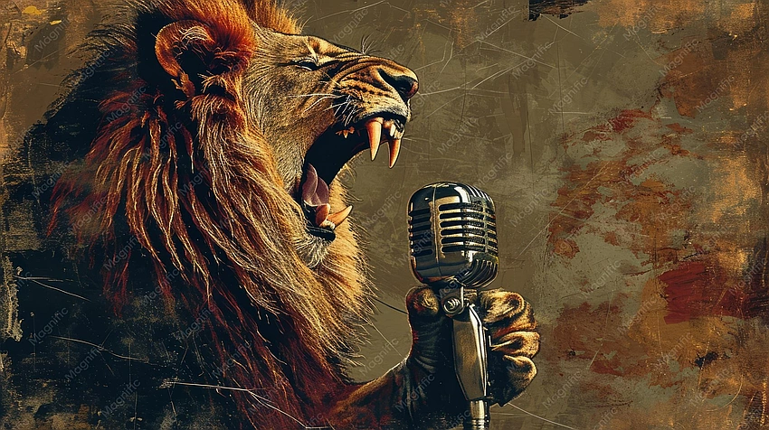 Lion hogging microphone, dramatic diva pose