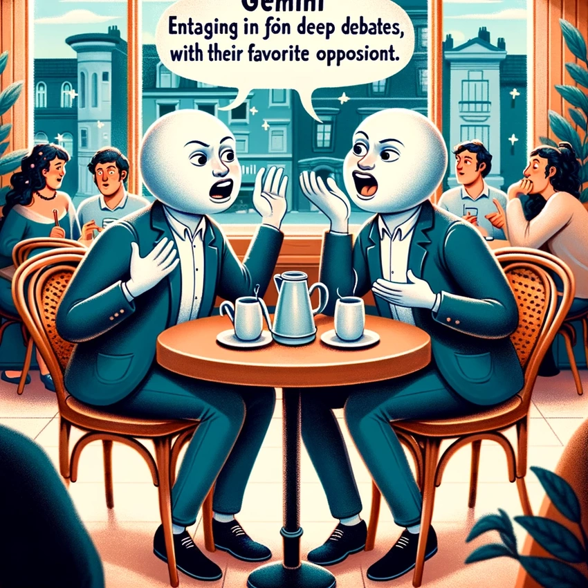Gemini twins arguing with themselves, phone with gossip bubble
