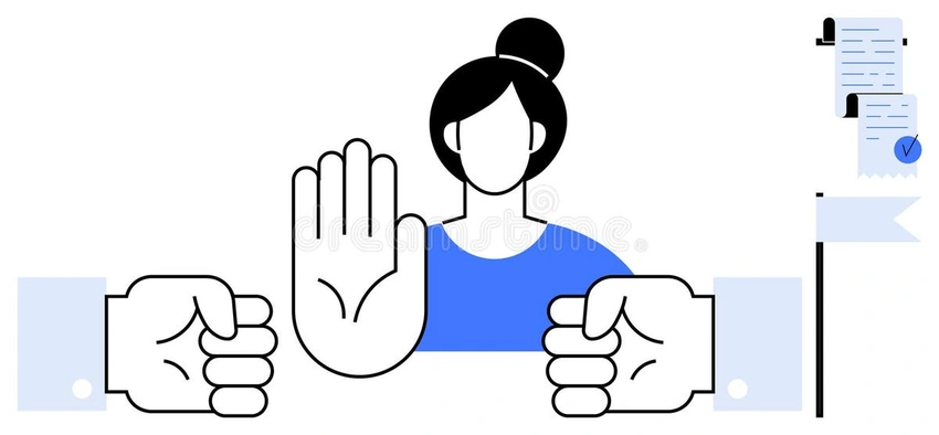Person confidently holding up a hand to signal 'stop' or 'boundary', calm and assertive, digital illustration