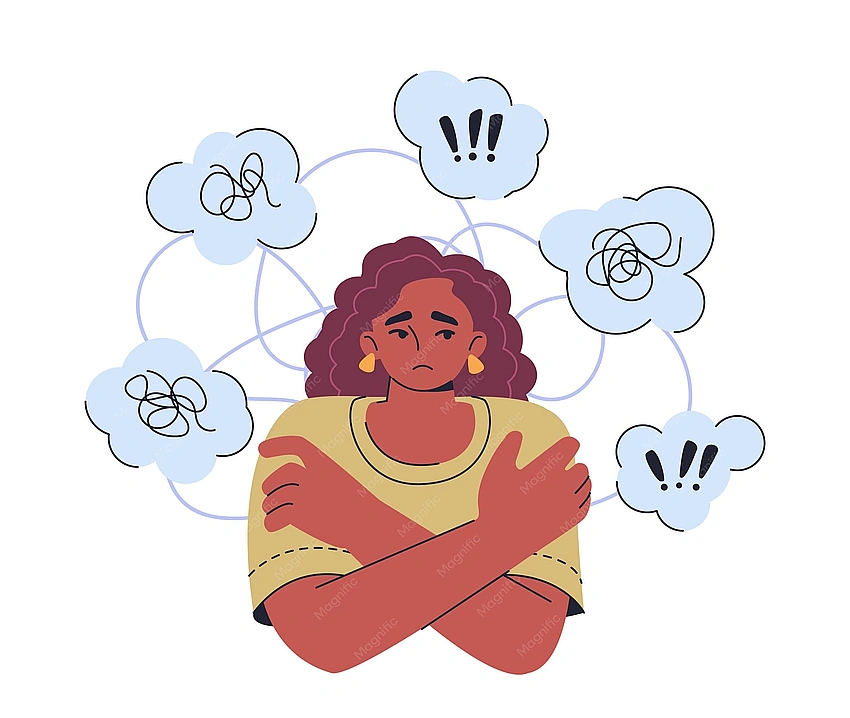 Graphic of a person with many thought bubbles of worries and apologies, modern illustration