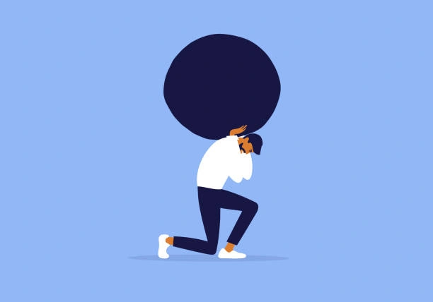 Person looking tired and sad while holding up a heavy load for others, minimalist art