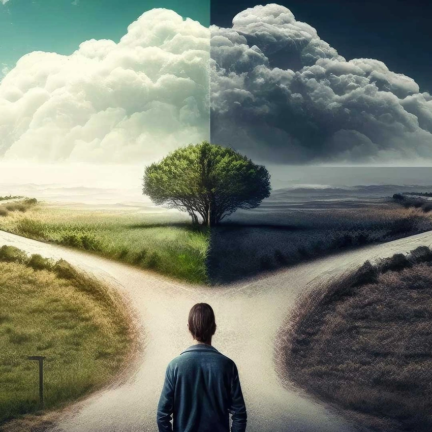 'man contemplating two paths, comfort vs challenge'