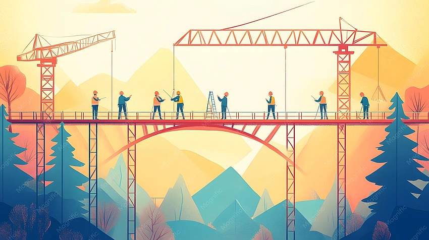 'person building a bridge to another mountain peak'