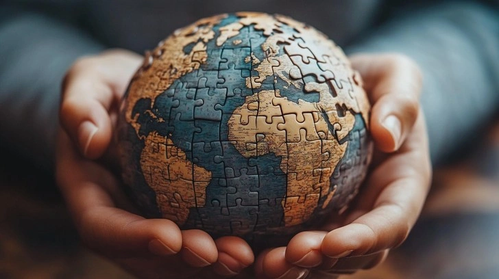 Hands holding globe puzzle pieces together