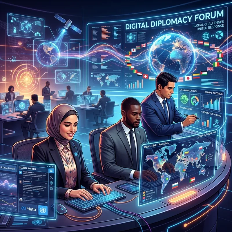 Diverse diplomats working together digital overlay