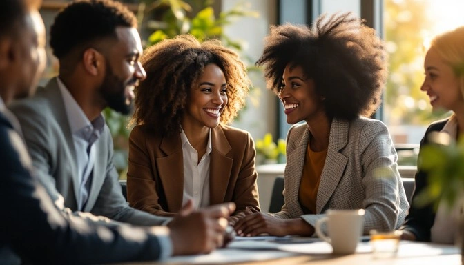 diverse team collaborating, leader actively listening, positive workplace culture