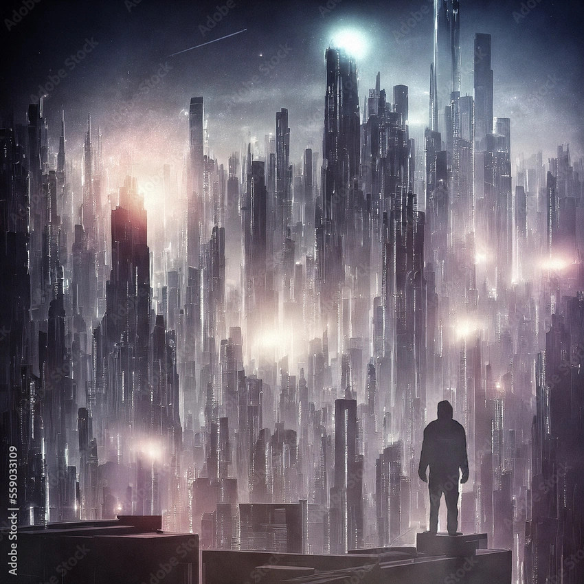 futuristic city blurred, human silhouette pondering