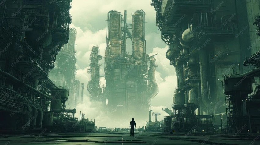 Dystopian landscape, corporate control, isolated figures