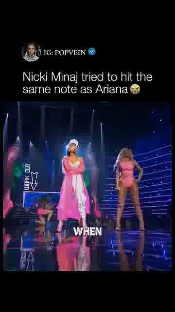 Nicki takes on ariana’s note: 

Nicki gives Ariana’s high note a hilarious try in this Side to Side 